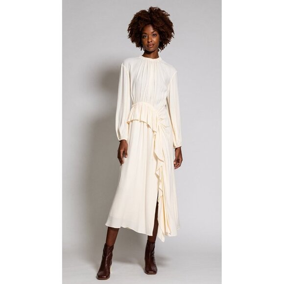 ULLA JOHNSON ODETTE midi dress crepe de chine long sleeve ivory cream blanc 6